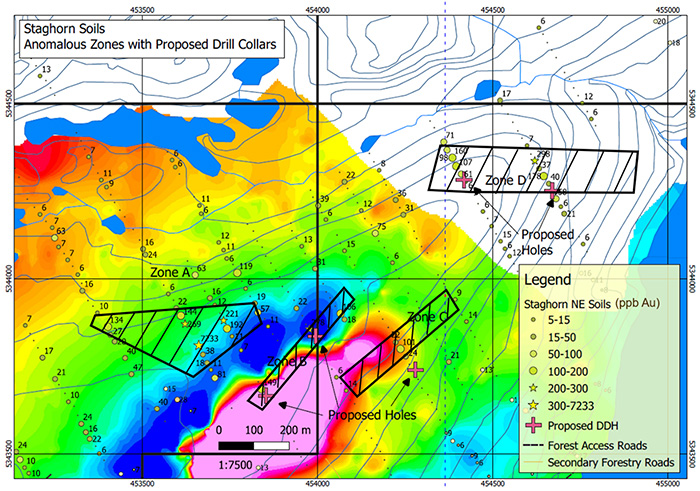 Staghorn proposed drill holes. Note results plotted as ppb Au (in-soils) on total field magnetic background.