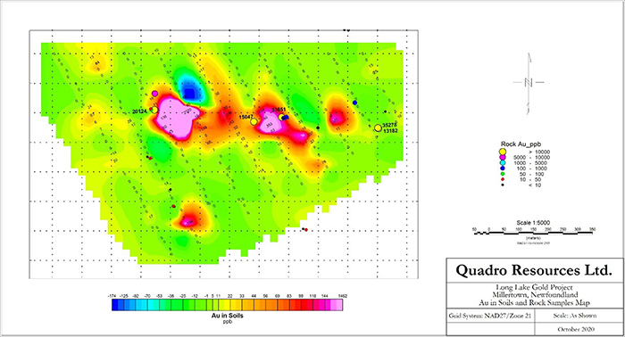 Long Lake property, Au in soils and rock samples.